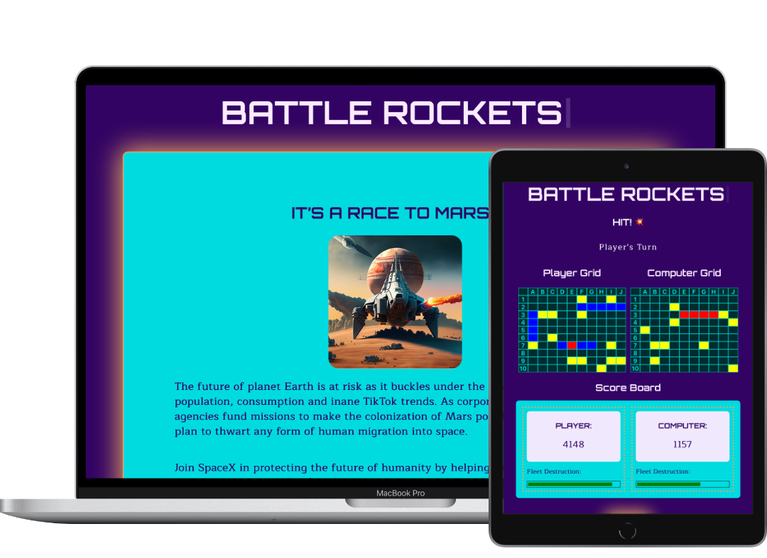 Battle Rockets app is displayed on a Mac laptop & iPad screen to show responsive design.