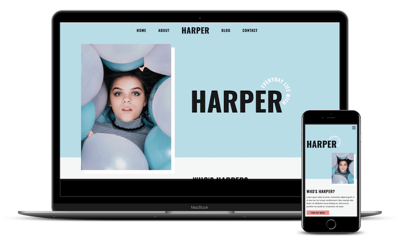 Harper's Blog is displayed on a Mac laptop & iPhone screen to show responsive design.