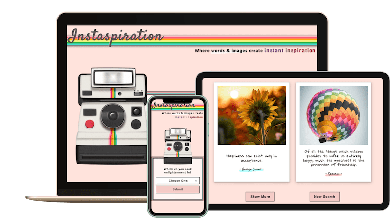 'Instaspiration' website is displayed on an iPad, iPhone and MacBook screen to show responsive design.