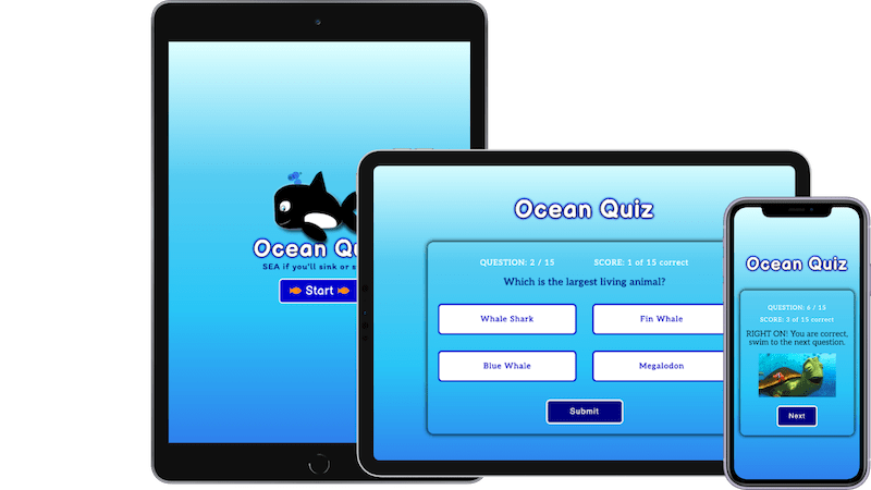 Ocean Quiz app is displayed on an ipad & iPhone screen to show responsive design.